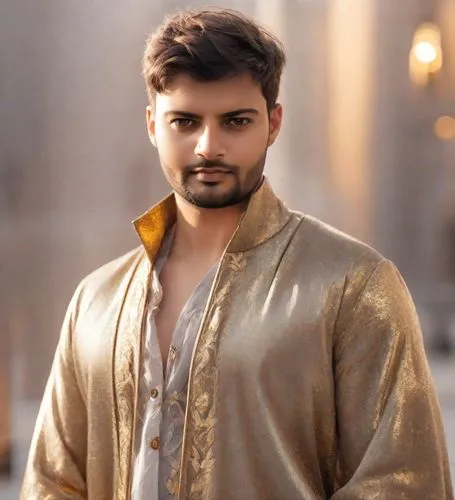 a man in an old fashion gold suit standing in a street,sherwani,jotwani,shahzada,raghav,shehzad,sanskar,Photography,Realistic