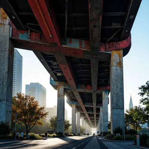 Industrial bridges, angular steel structures, bold rivets, rusty metal textures, distressed concrete pillars, geometric shapes, avant-garde architectural design, primary color palette, vibrant red acc