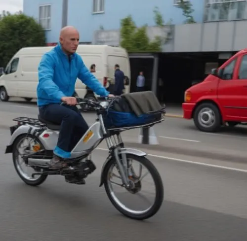 a man rides his motorcycle down the street,motorenwerke,reinfeldt,zoetemelk,motor scooter,piaggio,eavis,Photography,General,Realistic