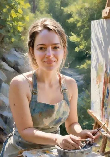 girl artist, painter, outdoors in the mountains in summer.,painting technique,shailene,photo painting,painting,overpainting,artist portrait,glass painting,meticulous painting,painter,italian painter,o