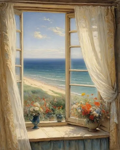window with sea view,landscape with sea,bedroom window,window curtain,open window,window treatment,the window,window covering,sea view,window view,french windows,window,seaside view,window valance,windowsill,sea landscape,window to the world,coastal landscape,window with shutters,bay window,Art,Classical Oil Painting,Classical Oil Painting 13