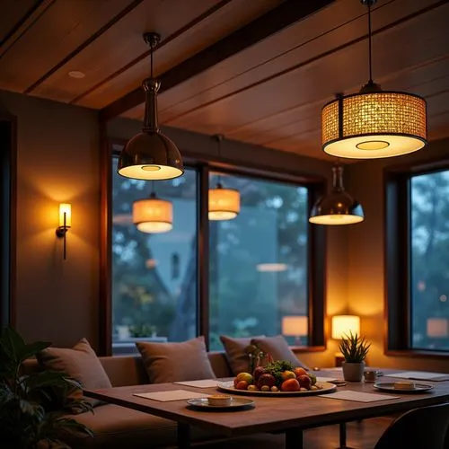 sunroom,breakfast room,japanese-style room,teahouse,table lamps,string lights,scandinavian style,dining room,hanging light,home interior,evening atmosphere,wooden beams,modern decor,chalet,interior decoration,coziness,hanging lamp,coziest,contemporary decor,interior decor