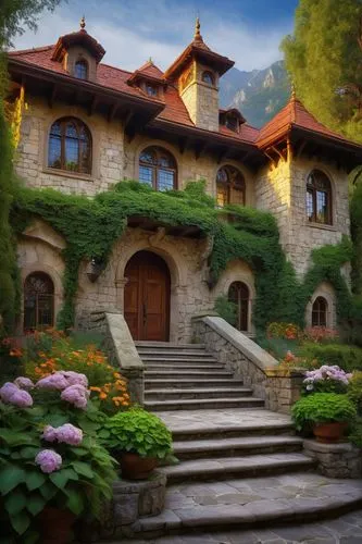 fairy tale castle,fairytale castle,sylvania,house in the mountains,kykuit,house in the forest,house in mountains,escher village,villa,bahay,transylvania,forest house,beautiful home,hacienda,auberge,rivendell,maison,knight village,parador,arenanet,Illustration,Realistic Fantasy,Realistic Fantasy 30