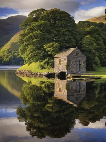 lake district,house with lake,boathouse,boat house,loch,sunken church,summer cottage,reflection in water,water reflection,peak district,scotland,fisherman's house,boat shed,house by the water,reflections in water,stone house,water mill,wales,dove lake,lonely house,Illustration,Retro,Retro 18