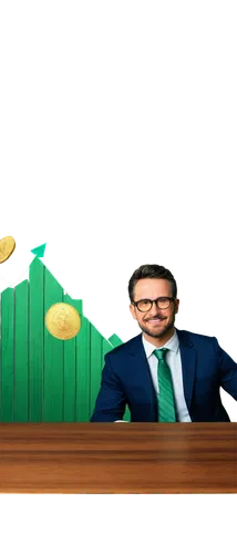 Economic graph, 3D chart, rising trend, green arrow, golden coins, stock market data, LED display, modern conference room, wooden table, leather chair, mature businessman, suit, tie, glasses, confiden