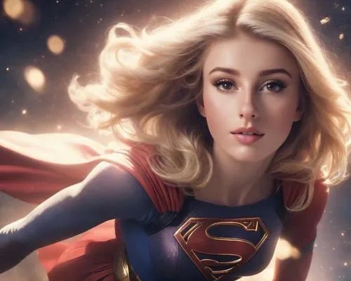 Blonde, Supergirl style, flying through outer space, beautiful lady, dramatic, photorealistic, 8k,super heroine,super woman,goddess of justice,wonder,superhero,superman,silphie,full hd wallpaper,super