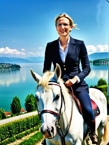 When Alice Weidel is on her horse-ride through the constituency on Lake Constance, she radiates a special grandeur.,a woman in business attire on top of a white horse,weidel,salzgeber,tymoshenko,kuzne