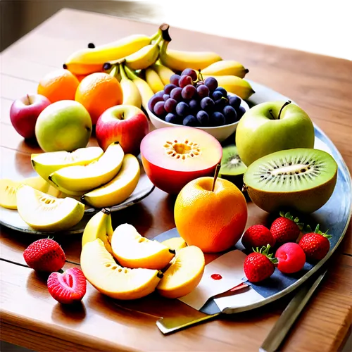 Colorful fruit still life, assorted fruits, wooden table, morning sunlight, soft focus, shallow depth of field, warm color tone, 3/4 composition, apples, bananas, grapes, oranges, kiwi, strawberry, vi