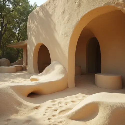 Sand-casted materials, modern architecture, building design, sandy texture, rough surface, organic shape, natural ambiance, warm beige color, stone-like appearance, rustic vibe, outdoor setting, garde