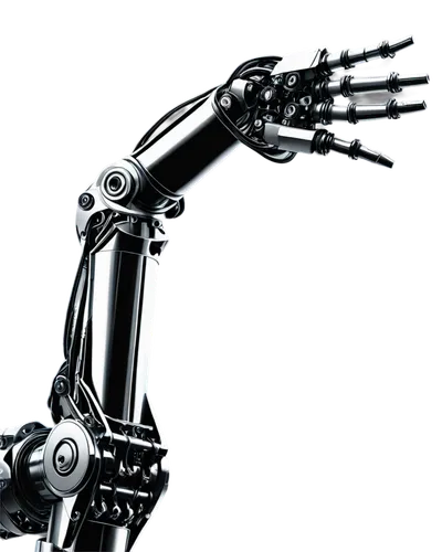 Fulcrum machine, industrial robot arm, metallic body, silver and black color scheme, intricate mechanical details, wires and pipes exposed, bright LED lights, sleek futuristic design, low-angle shot, 