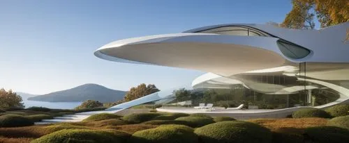 DISEÑO EXTERIOR DE UNA RESIDENCIA ESTILO FUTURISTA CON FORMA ESPACAIL ORGANICA, CON UN AMPLIO VENTANAL DE CRISTAL AL FRENTA, CON VISTA AL MAS, RODEADA DE VEGETACIÓN EXUBERANTE, CORRECION DE ERRORES, P