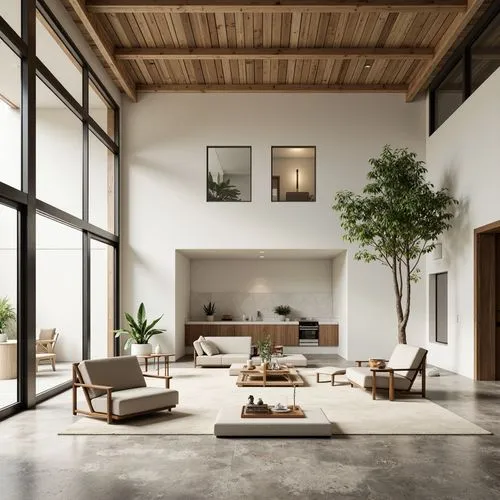 Monochromatic interior, natural materials, reclaimed wood accents, industrial metal frames, minimalist decor, sparse greenery, soft diffused lighting, creamy white walls, polished concrete floors, sle