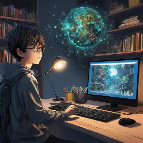 astronomer,world digital painting,sci fiction illustration,virtual world,anime 3d,dream world,other world,illustrator,violet evergarden,computer,computing,children studying,study room,fantasy picture,computer addiction,examining,man with a computer,planisphere,computer art,coder,Illustration,Black and White,Black and White 27