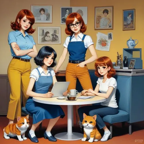 this is a picture of four ladies in a coffee house with two cats,secretariats,retro women,retro pin up girls,cockettes,vintage girls