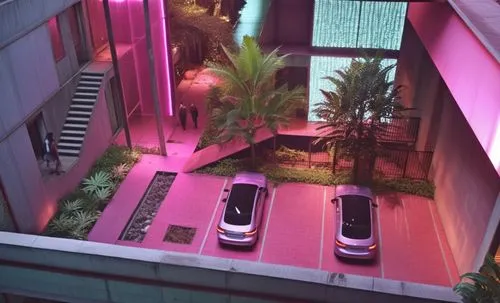 tropical brutalist architecture, exposed concrete, exposed bricks, glass, plants, swiss chesse plant, humans walking , in scale ,two cars are parked in front of the pink building,biopolis,atriums,metr