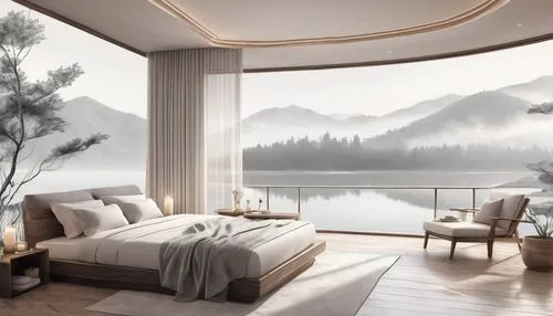 luxury home interior,lago grey,window treatment,great room,sleeping room,modern room,canopy bed,luxury property,luxury hotel,window covering,bedroom,interior modern design,danyang eight scenic,bedroom window,interior design,lake view,foggy landscape,morning mist,livingroom,landscape background,Illustration,Black and White,Black and White 30