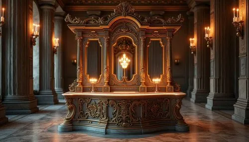 Baroque-inspired charging station, intricate carvings, ornate metalwork, golden accents, marble base, grandiose architecture, sweeping curves, Renaissance-era ornamentation, LED lights resembling cand