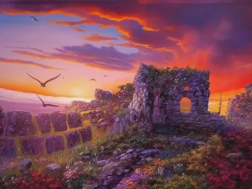 fantasy landscape,purple landscape,fantasy picture,ruined castle,landscape background,world digital painting,castle ruins,virtual landscape,bird kingdom,3d fantasy,background with stones,fantasy art,landscape rose,castle of the corvin,mushroom landscape,home landscape,meteora,landscape,ruins,springtime background,Illustration,Paper based,Paper Based 04