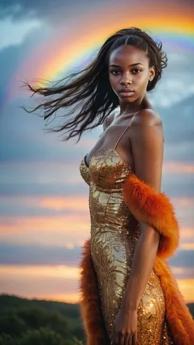 As the sun begins to set, a radiant woman with radiant passion swirls and ebbs radiates a fiery light against the fiery backdrop of her gaze. Her fur is a vibrant orange, casting a rainbow of colors o