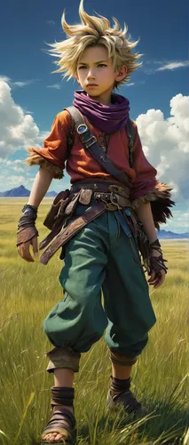 young boy, Gau character from Final Fantasy VI, wild hair, animal skins clothing, barefoot, feral child pose, standing on Veldt grasslands, game-style rendering, vibrant colors, dynamic action pose, c