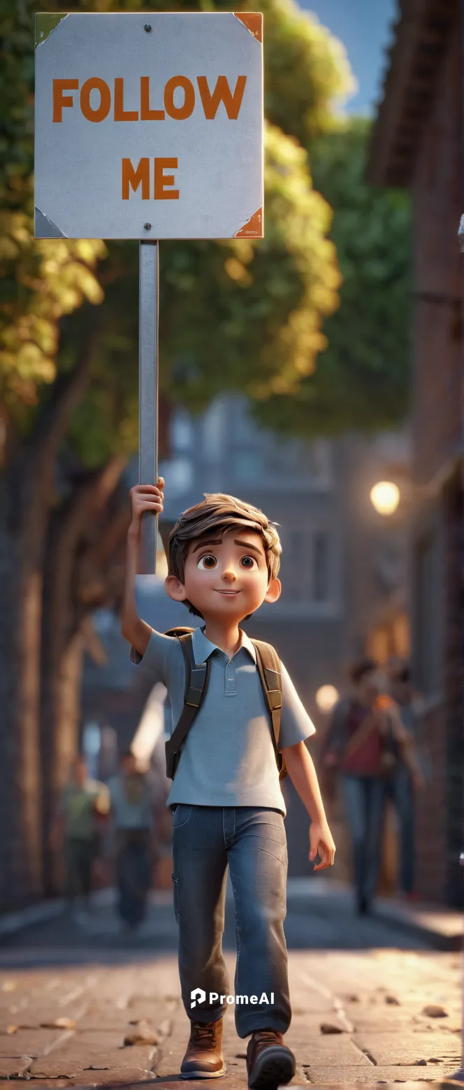 Young boy holding a sign that says: "Follow me". 3D character portrait render. Fine details, sharp focus, HDR, incredible composition, superb lighting and detail, bokeh, 8k, highly detailed, style oct