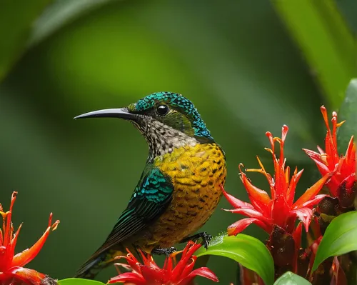 A buff-bellied coronet visits a bromeliad flower in a cloud forest in Ecuador,sunbird,southern double-collared sunbird,orange-breasted sunbird,brown-throated sunbird,tropical bird,cuba-hummingbird,gre