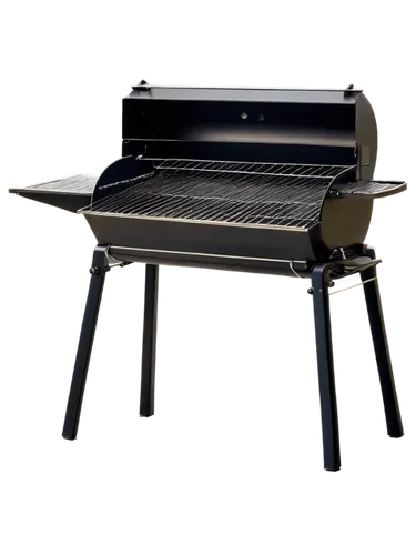 Metallic grill, outdoor kitchen, afternoon sun, shiny surface, horizontal grates, rounded edges, smoky aroma, sizzling sound, savory food, wooden handle, black legs, standing upright, 3/4 composition,