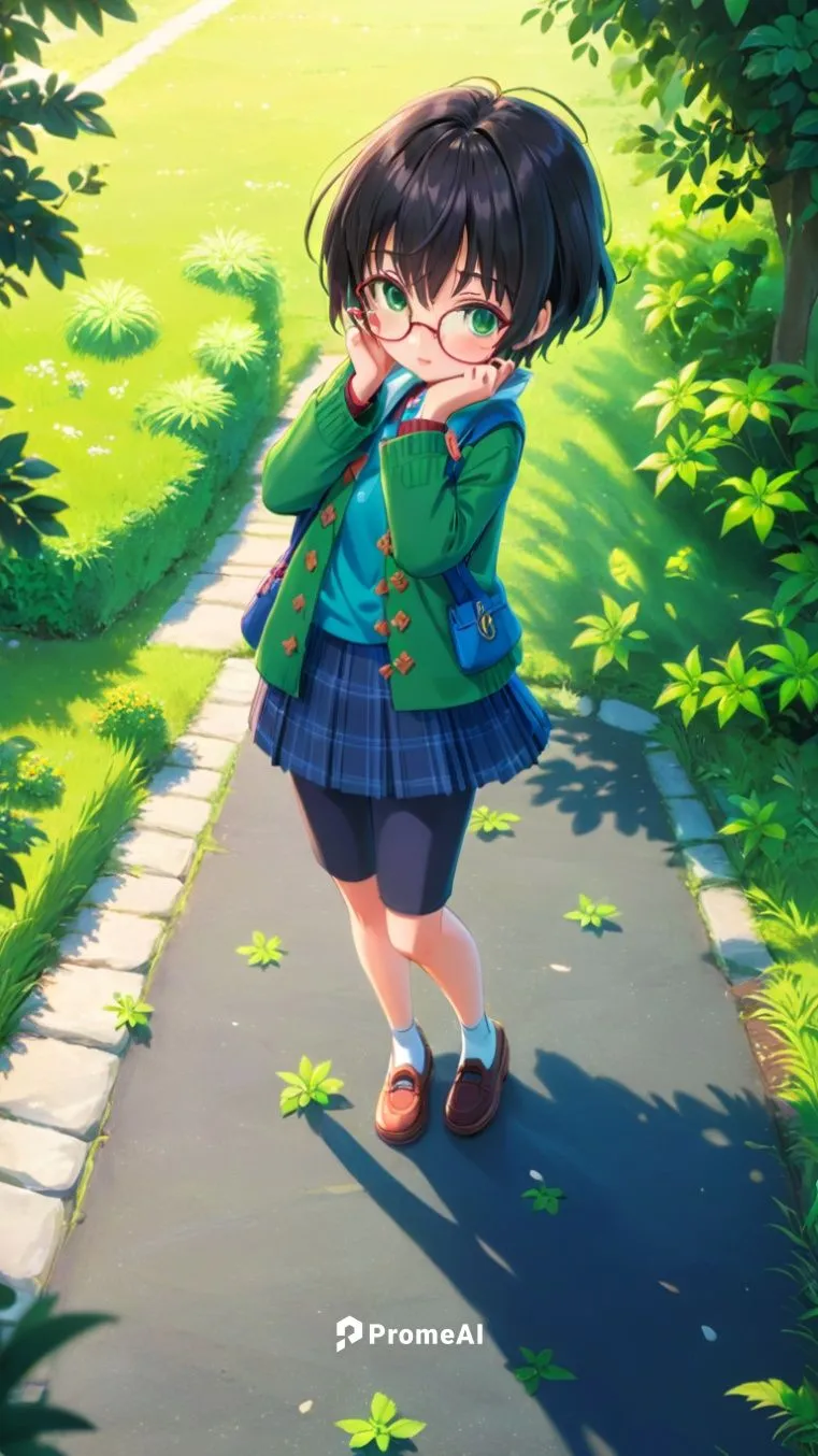 Una chica joven de pelo corto de color verde con lentes ,ritsuko,walking in a spring,chihiro,walk,little girl running,michiru,walk in a park,green summer,trail,forest walk,stroll,walkin,forest clover,