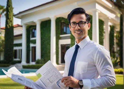 Residential architectural designer, male, 30s, bespectacled, short black hair, white shirt, dark blue tie, formal pants, holding a blueprint, standing, in front of a luxurious villa, modern architectu