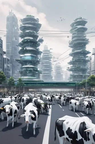 futuristic landscape,smart city,dystopian,futuristic architecture,livestock farming,wuhan''s virus,post-apocalyptic landscape,urbanization,livestock,urban design,urban development,cow herd,dystopia,japan landscape,xi'an,agriculture,futuristic,nanjing,herd of goats,industrial landscape,Illustration,Japanese style,Japanese Style 17