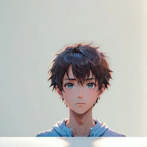 a man with blue eyes and a hoodie stands over a white counter,hiro,sousuke,tadashi,sosuke,mabuchi,kageyama