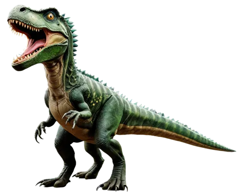 Dinosaur, T-Rex, green scaly skin, sharp teeth, powerful legs, claws, spiky tail, roaring, standing, intense eyes, dramatic lighting, high contrast, cinematic composition, panoramic view, ancient era 