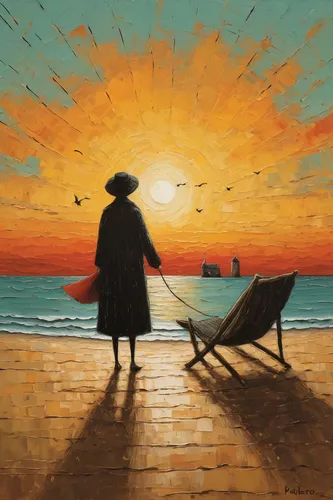 yellow sun hat,man at the sea,ordinary sun hat,pilgrim,beach umbrella,high sun hat,beach landscape,sun and sea,sun hat,fisherman,deckchair,fishermen,man with umbrella,straw hat,oil painting on canvas,world digital painting,summer beach umbrellas,el mar,beach chair,deckchairs,Art,Artistic Painting,Artistic Painting 49