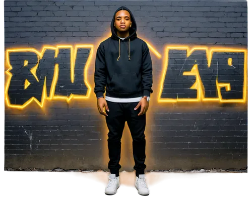 Young rapper, African American male, confident facial expression, gold chain, black hoodie, white sneakers, microphone in hand, standing with one leg bent, urban background, graffiti walls, streetligh