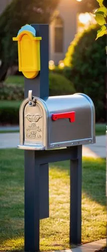 Modern, sleek, stainless steel mailbox, replacement lock, detailed mechanical parts, shiny metal surface, subtle reflections, urban setting, residential area, suburban neighborhood, afternoon sunlight