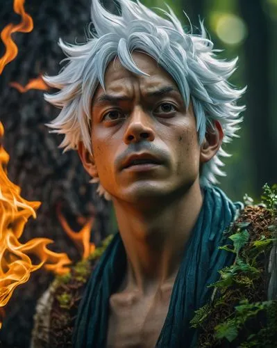 Monkey.D.Luffy with white hair and white clouds around his neck. A dryad made of fire in a forest, fantasy, elvish，Epic composition, photo, photography, extreme details, highly detailed, 8k, intricate