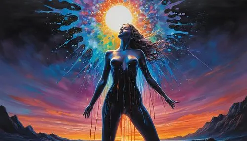 As the sun sets behind a starry sky, a young woman with dark magic, full body, unreal, shimmering, ethereal, ethereal, takes the viewer's gaze as she sexy bodysuits made entirely of raw material. The 