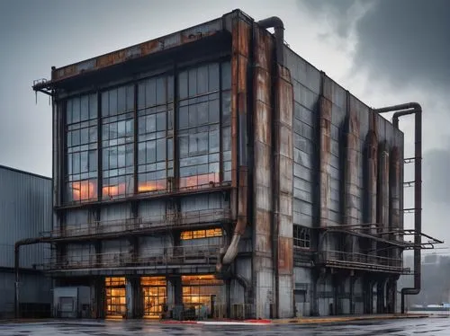 Industrial architecture design, modern factory building, steel structure, concrete walls, large windows, metal roofing, urban setting, cityscape, morning mist, soft lighting, 3/4 composition, low-angl