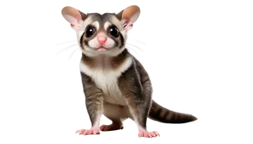 Sugar glider, small mammal, nocturnal, Australia native, fluffy fur, grey and white stripes, big round eyes, tiny nose, cute expression, standing on hind legs, front paws together, curious pose, soft 