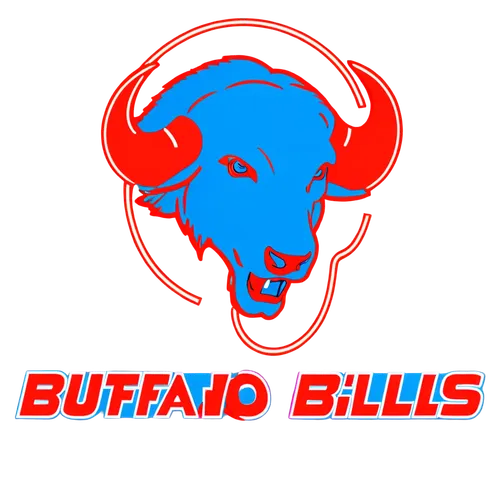 Buffalo Bills logo, American football team, blue and red color scheme, charging buffalo silhouette, sharp horns, fierce eyes, bold font, dynamic movement, athletic feel, sporty vibe, metallic texture,