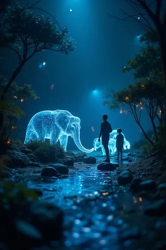 Capture an image of people seeing animals at a model zoo under the cover of night.,a couple of giraffes in the sky over some trees,blue elephant,fantasy picture,elephant ride,3d fantasy,water elephant