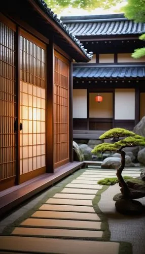 Traditional Japanese architecture, Kyoto-style, ornate wooden doors, sliding shoji screens, tatami-matted floors, minimalist interior design, natural wood accents, paper lanterns, serene garden backgr