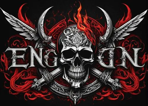 Metal band logo, aggressive, bold, black and red color scheme, intricate details, skulls, crossbones, snakes, demons, flames, sharp edges, abstract shapes, ornate typography, 3D embossed effect, heavy