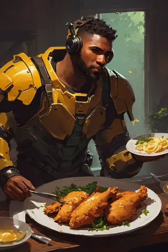 eat,egusi,mustard greens,cuisine,goldenrod,feast,chef,appetite,giant goldenrod,empanadas,lando,fried food,fried chicken,yellow chicken,cooks,food table,meal,cg artwork,hunger,men chef,Conceptual Art,Fantasy,Fantasy 06