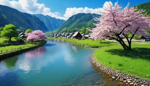 landscape background,beautiful landscape,river landscape,japanese sakura background,springtime background,spring background,japan landscape,beautiful japan,spring nature,nature landscape,idyllic,meadow landscape,sakura trees,japanese cherry trees,spring in japan,background view nature,green landscape,natural scenery,spring blossom,spring blossoms,Photography,General,Realistic