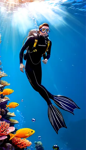 Underwater scene, coral reef, schools of fish, seaweed swaying, clear blue water, sunlight filtering down, bubbles rising, scuba diving equipment, shiny metal oxygen tank, colorful fins, wetsuit, rela