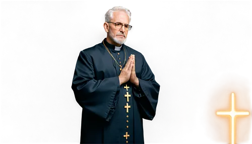 Priest, Catholic priest, mature man, solemn expression, white hair, beard, glasses, black robe, golden cross, praying hands, standing, respectful atmosphere, warm lighting, soft focus, 3/4 composition