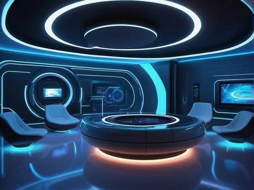 Futuristic UX architecture, sleek lines, metallic materials, glowing blue lights, holographic displays, minimalist interior design, curved surfaces, circular interfaces, futuristic furniture, ambient 