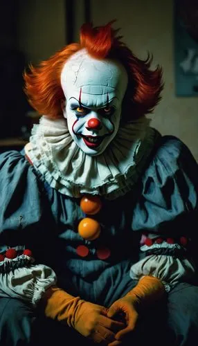 Pennywise, IT, horror, clown, 1990s, nostalgic, creepy smile, pale skin, red nose, messy orange hair, white face paint, colorful costume, oversized shoes, menacing gaze, abandoned house, eerie atmosph