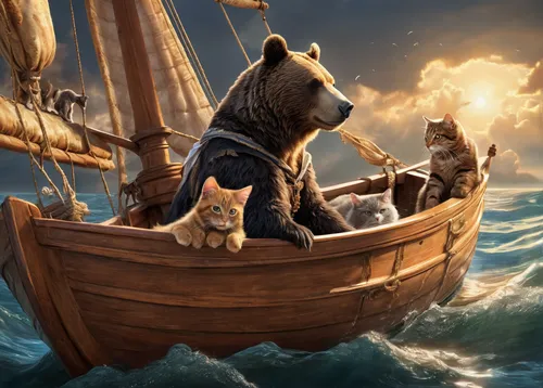 cat-ketch,maelstrom,seafaring,jon boat,sailing,nordic bear,voyage,fantasy picture,bear guardian,the bears,aegean cat,noah's ark,animal migration,row row row your boat,sea sailing ship,sailing ship,grizzlies,friendship sloop,vikings,bear market,Conceptual Art,Fantasy,Fantasy 27